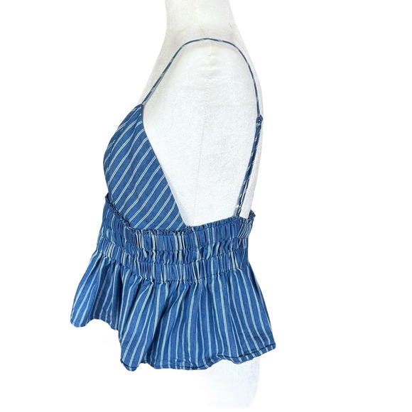 Ganji Cropped Cami Top Medium Boho Cottage Peplum Festival Blue Chambray Stripe‎ - Picture 7 of 9